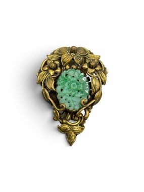 Vintage 1940s Art Deco Peking Glass Floral Fur Dress Clip Gold Tone 2”